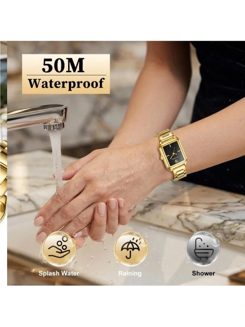 Womens Gold Black Analog Quartz Stainless Steel Waterproof Luxury Bracelet Watch